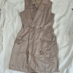 Tan wrap dress with gold lion button details